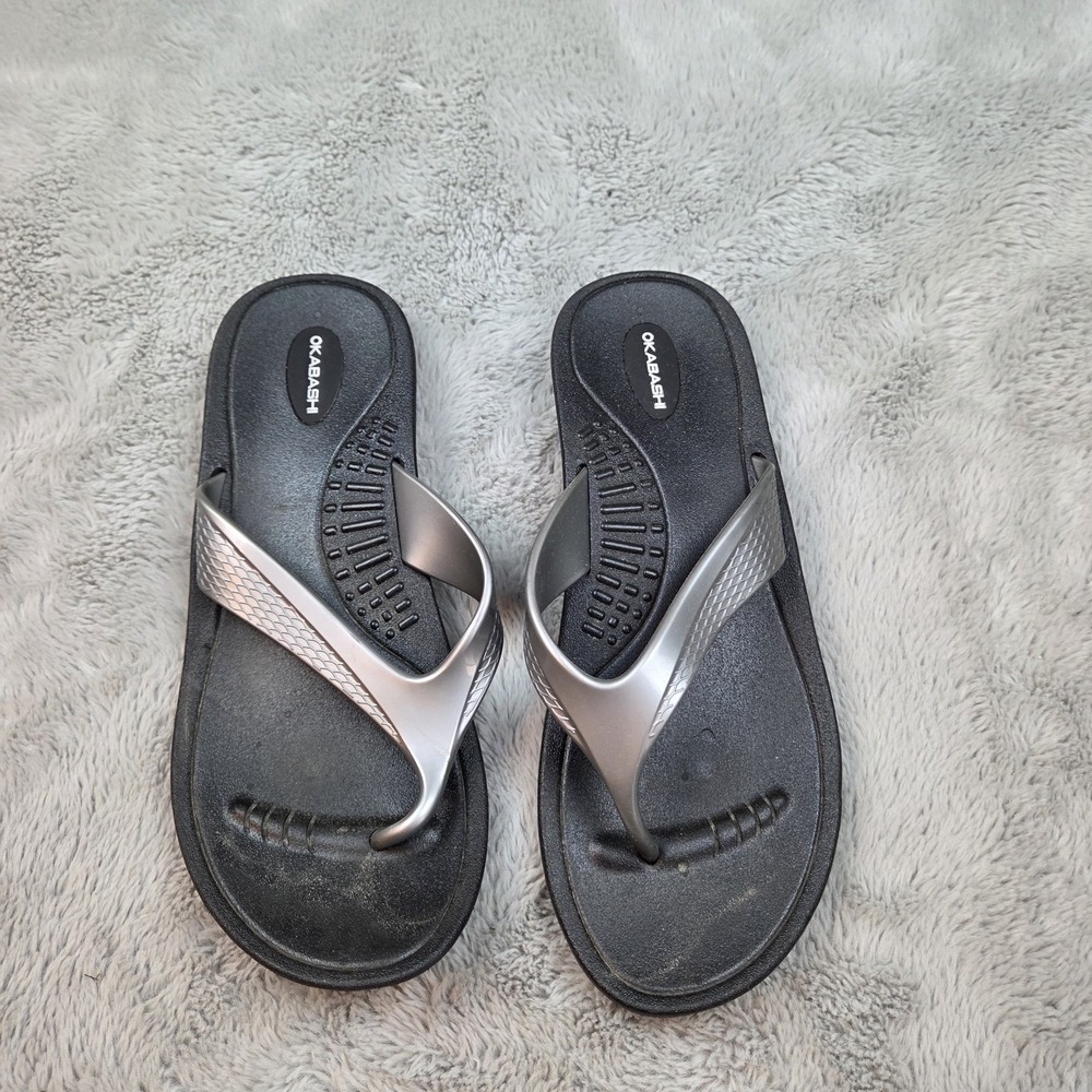 Okabashi Sandals Womens Large (9.5-10.5) Breeze‎ Flip Flop Black Silver Thongs